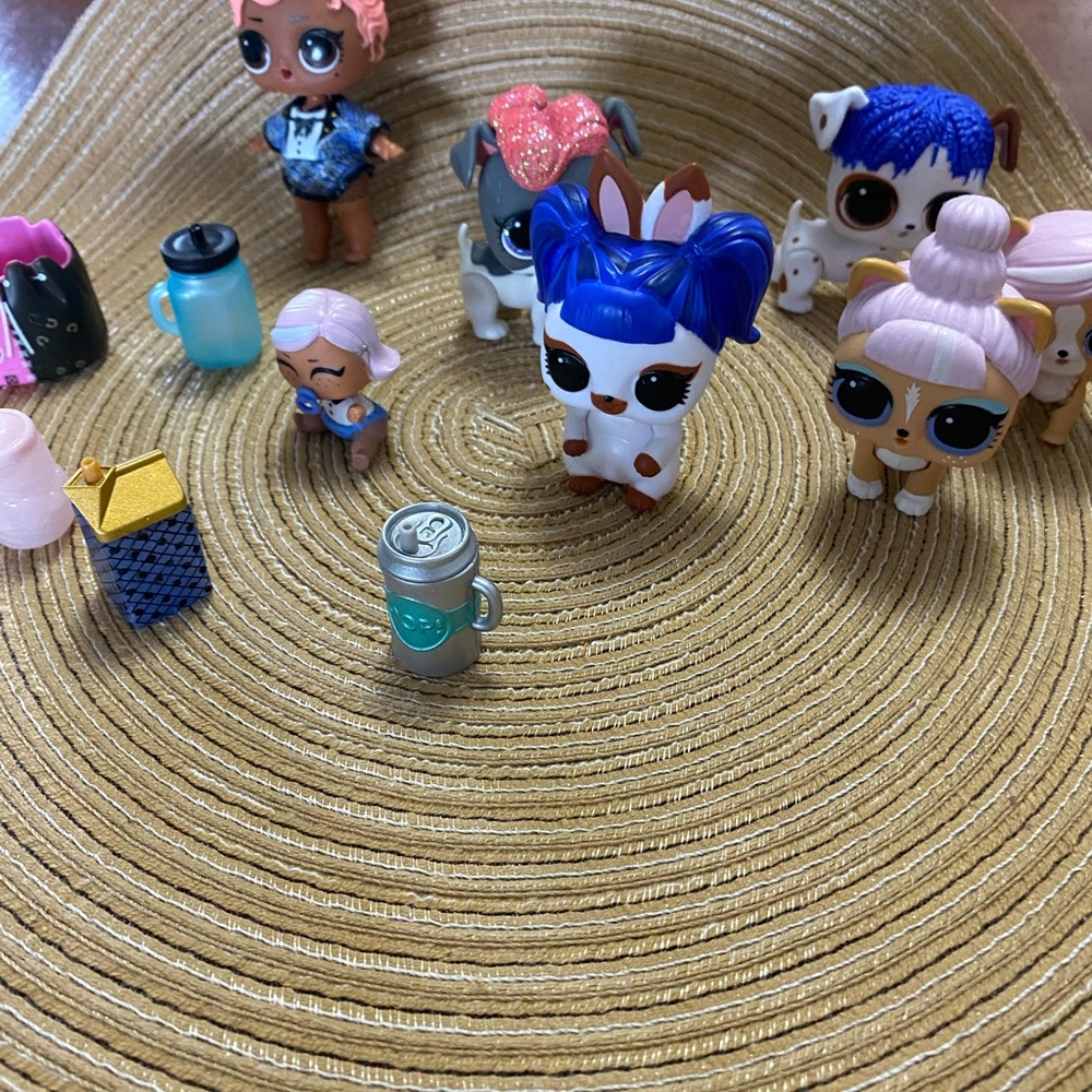 LOL dolls and animals with bottles and bag